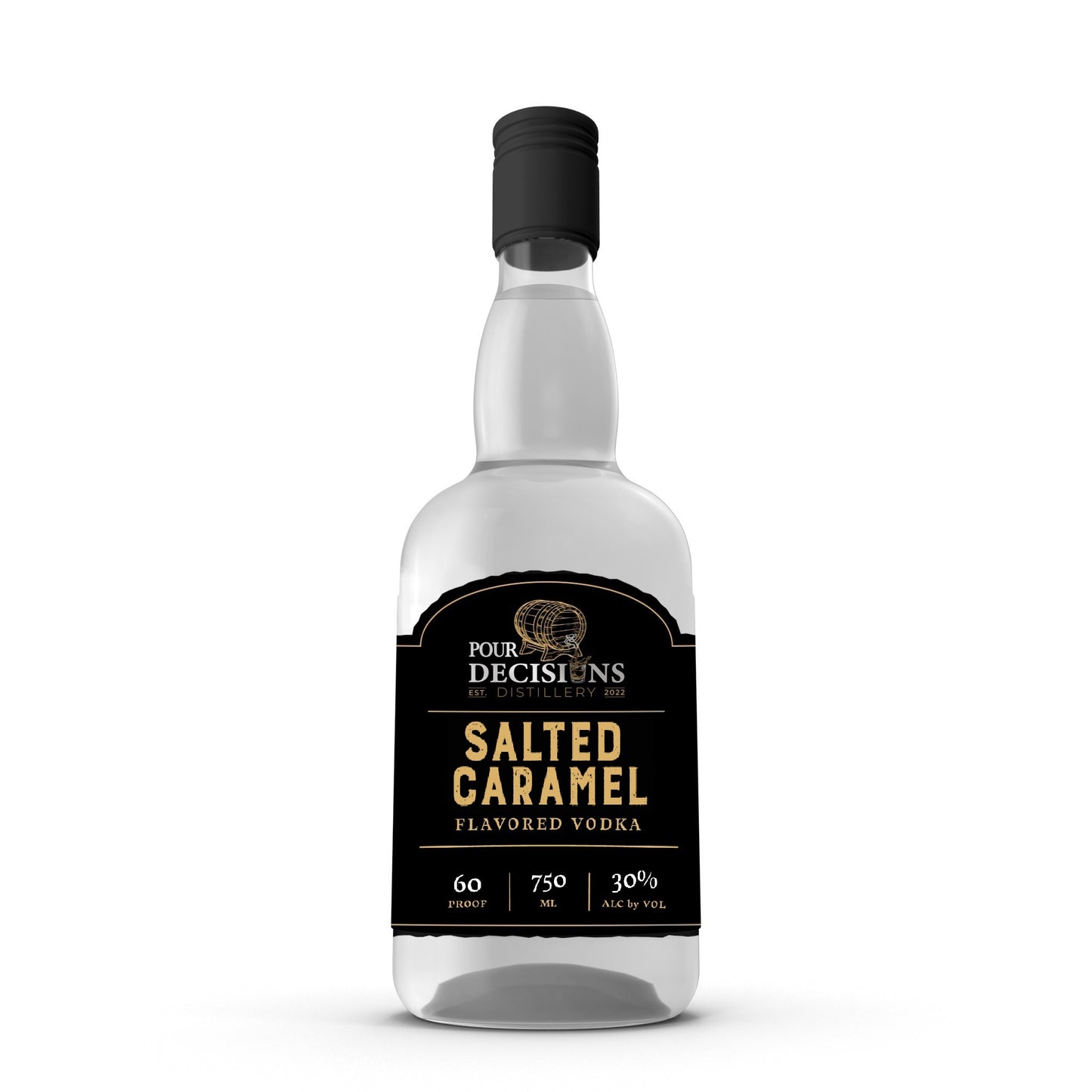 A bottle of Salted Caramel Flavored Vodka by Decisions Distillery, with a label indicating the flavor and proof.