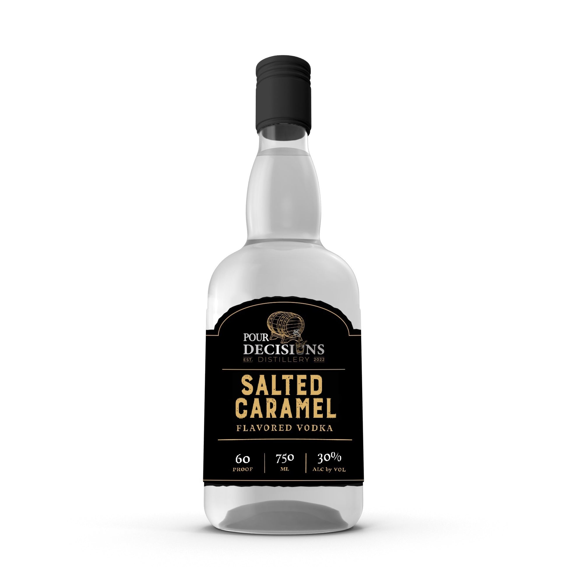 A bottle of Salted Caramel Flavored Vodka by Decisions Distillery, with a label indicating the flavor and proof.