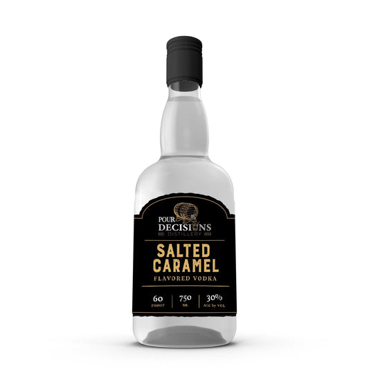 A bottle of Salted Caramel Flavored Vodka by Decisions Distillery, with a label indicating the flavor and proof.