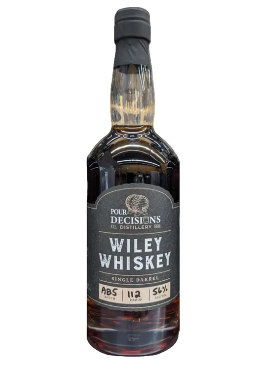 Bottle of Wiley Whiskey with a dark label on a white background